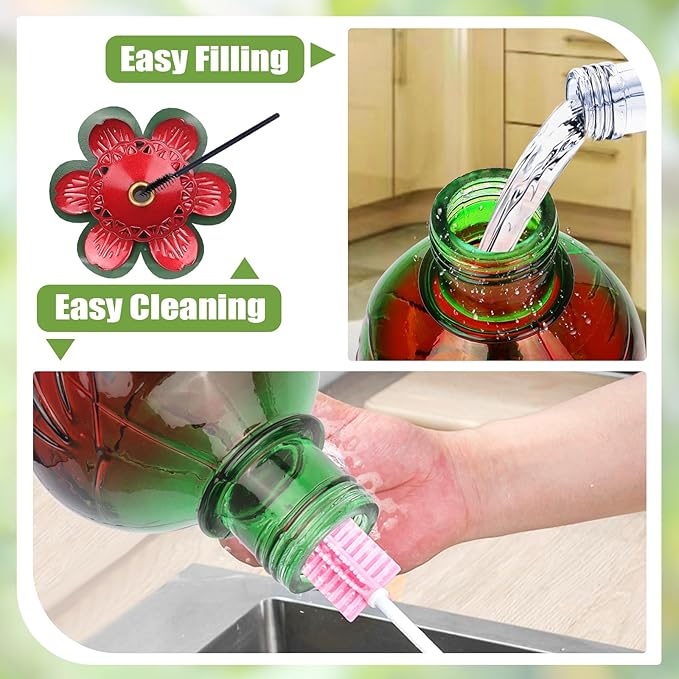 BOLITE Hummingbird Feeder, Glass Hummingbird Feeders for Outdoors Hanging, 22 Ounce, Five Feeding Ports with Perch, Peony Flower Shape, Red and Green, Gifts for Women Men, Gifts for Mom Dad-VerdiqueGarden