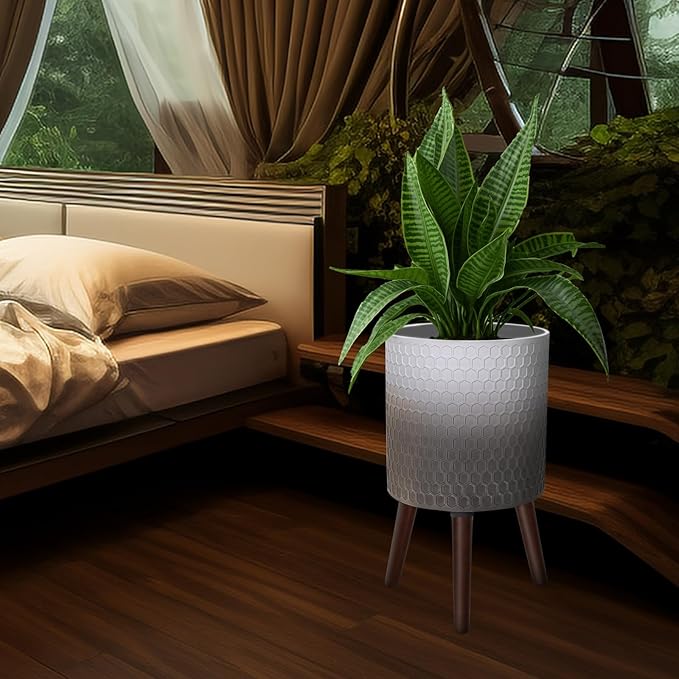 12 Inches Indoor Plant Pot with Walnut Color Stand Honeycomb Embossed Flower Pot with Drainage Holes Large Modern Planters for Indoor Plants-Gradient White Gray-VerdiqueGarden