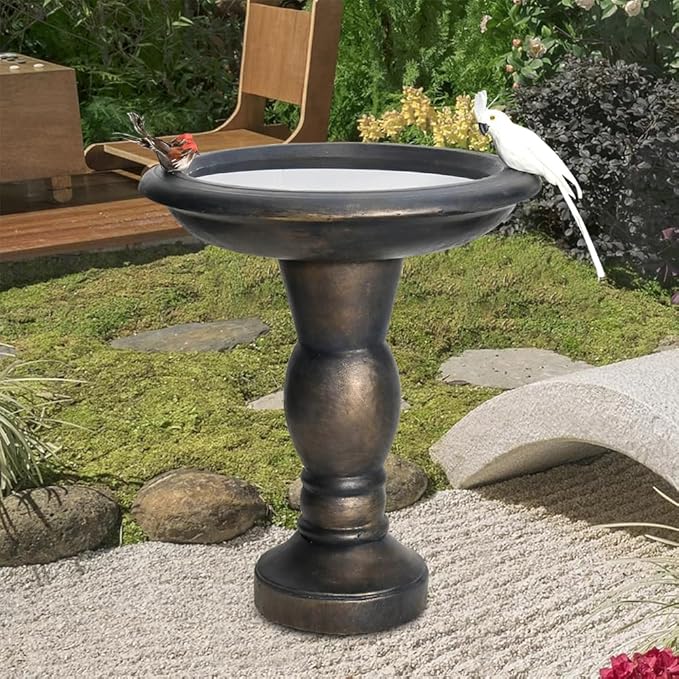 SKYFIRE 22-Inch Fibre Reinforced Concrete Pedestal Floor Fountain and Bird Bath Outdoor Decor for Garden, Patio, Lawn, Backyard - 20”L X 20”W X 22”H Antique Pedestal Birdbath-VerdiqueGarden