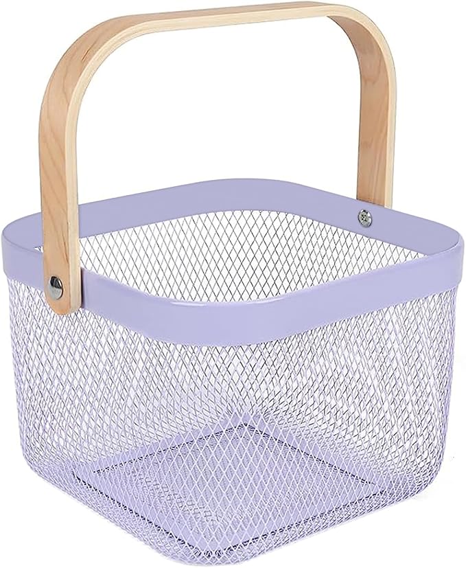 Metal Mesh Steel Basket, Storage Organizer Basket Multi-functional Hanging Kitchen Baskets Fruit Basket Bin with Bamboo Handle for Kitchen Bathroom Picnic Shopping Decor Cabinet Home, Purple-VerdiqueGarden