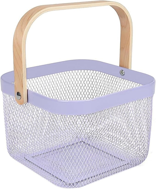 Metal Mesh Steel Basket, Storage Organizer Basket Multi-functional Hanging Kitchen Baskets Fruit Basket Bin with Bamboo Handle for Kitchen Bathroom Picnic Shopping Decor Cabinet Home, Purple-VerdiqueGarden