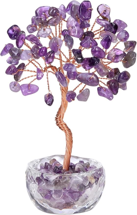 Jovivi Small Amethyst Crystals Tree, Natural Crystal Healing Stones Tree Glass Bowl Base Gemstone Money Trees Feng Shui Good Luck Home Desk Decor-VerdiqueGarden
