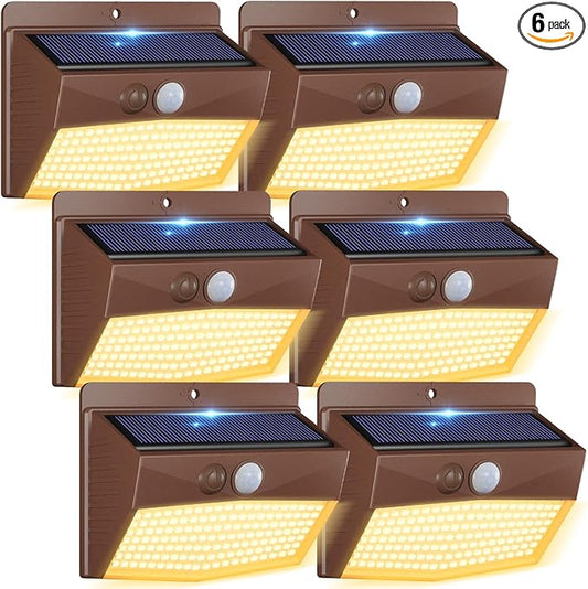 Peasur 6 Packs Solar Outdoor Lights Motion Sensor Solar Security Lights Waterproof with 3 Lighting Modes Solar Powered Wall Lights Outside for Garden Fence Yard Deck, Brown Warm-VerdiqueGarden