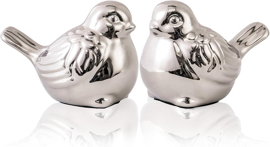 Set of 2 Small Birds Statues Silver Home Decor Modern Boho Style Figurine Decorative Ornaments for Living Room, Bedroom, Office Desktop, Cabinets, Shelf-VerdiqueGarden