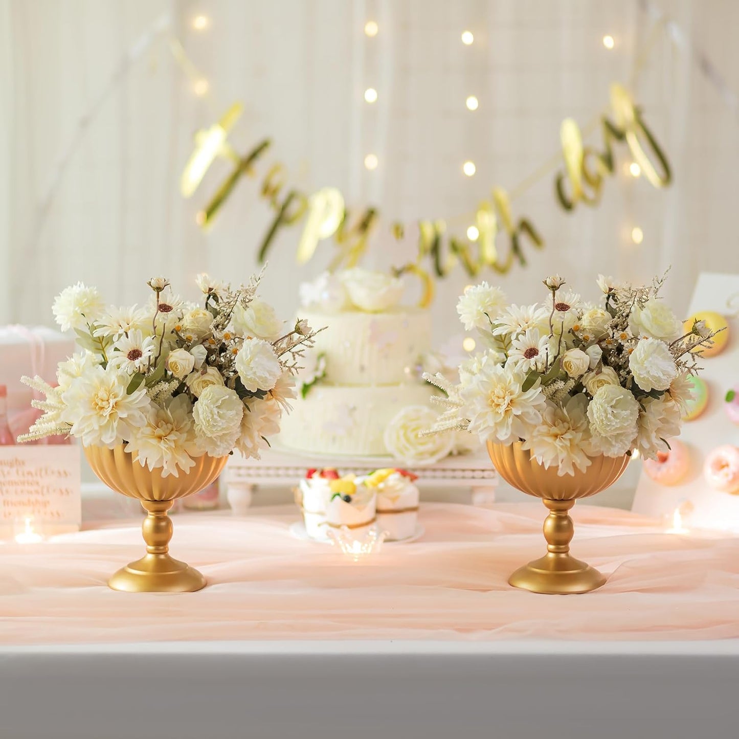 Sziqiqi Urn Vase for Wedding Centrepiece: 7.9in Gold Compote Bowl Vase Table Decorations - Floral Arrangement Pots Set of 10 - Metal Decorative Vases for Party Reception Dinner Table-VerdiqueGarden