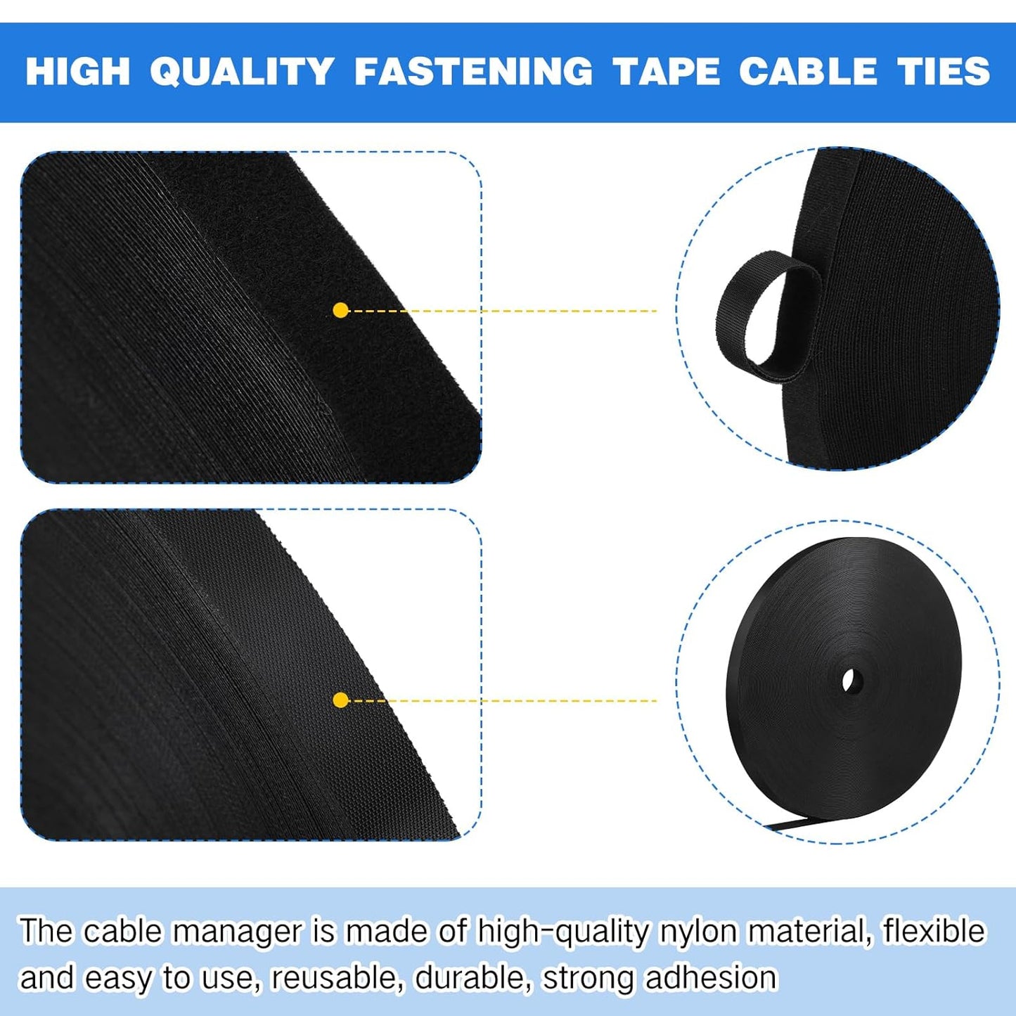 WILLBOND 3/4 Inch x 300ft Fastening Tape Cable Ties Reusable Fastening Nylon Tape Double Side Hook Roll Hook and Loop Straps Wires Cords Management Wire Organizer Straps (Black)-VerdiqueGarden