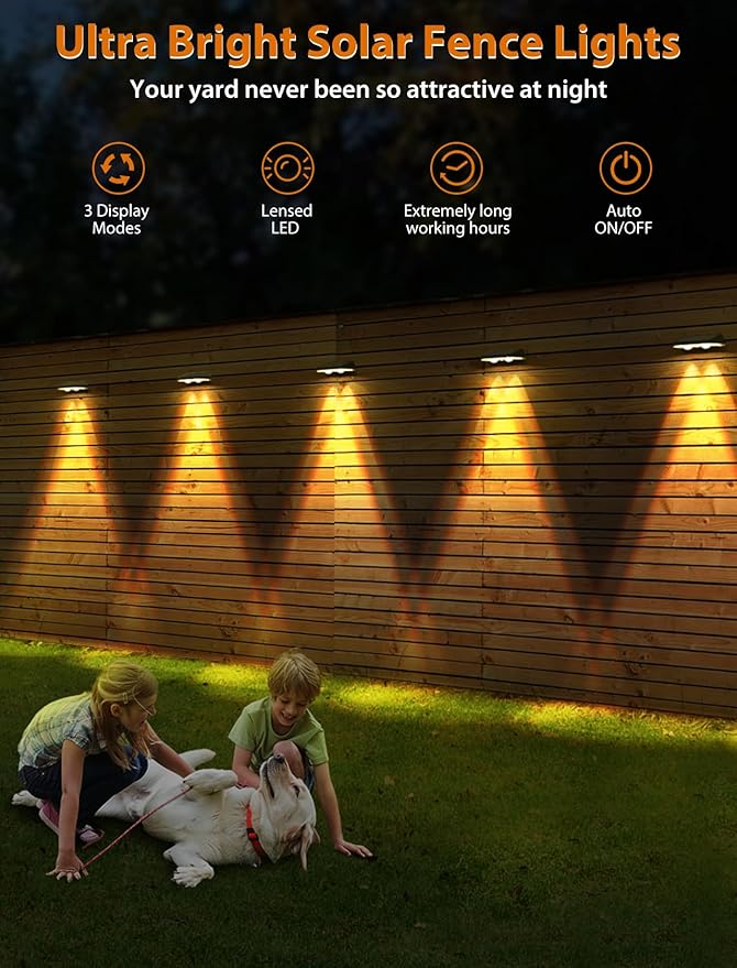 Solar Fence Lights ,Warm White & Cold White & Mixed Color 3 Modes Bright Lens LED Dusk to Dawn Deck Light, Fence Solar Lights Outdoor Waterproof,Solar Outdoor Lights for Backyard/Railing/Wall (4Pack)-VerdiqueGarden