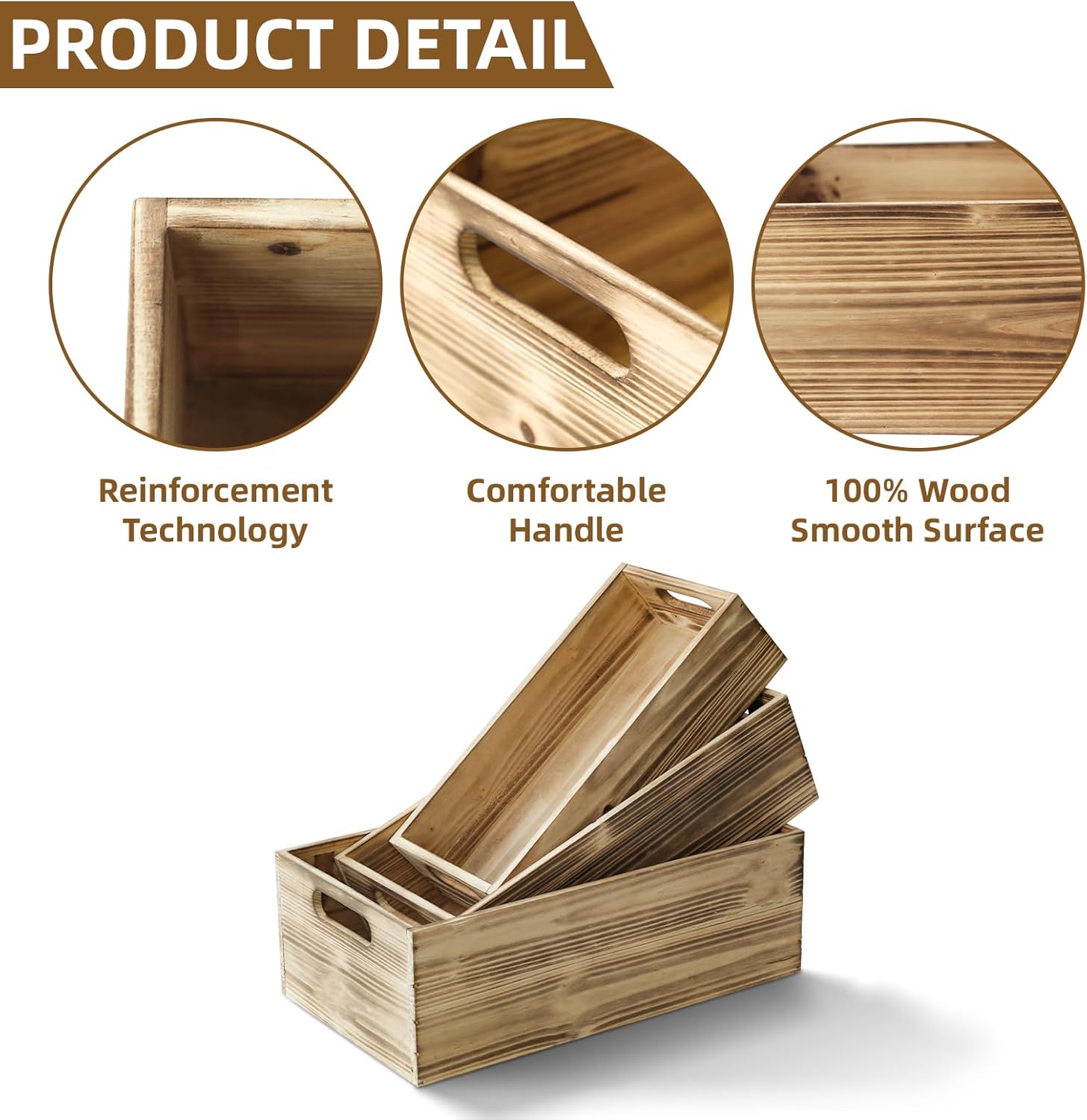 Wooden Boxes, Large Wooden Crates Set of 3 Vintage Torched Brown Wood Storage Crates for Display Home Party Office Bedroom Kitchen Closet-VerdiqueGarden