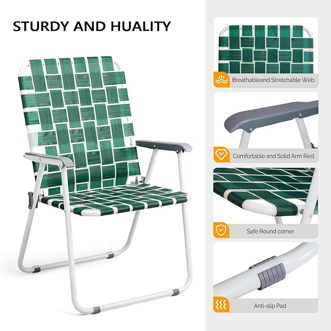 VINGLI Patio Lawn Webbed Folding Chairs Outdoor Beach Portable Camping Chair for Yard, Garden (2, Dark Green, Oversized)-VerdiqueGarden
