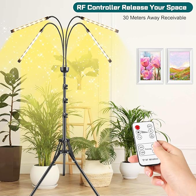 Grow Lights for Indoor Plants Full Spectrum with 15-63 inches Adjustable Tripod Stand Plant Light with 4/8/12H Timer with Remote Control-VerdiqueGarden