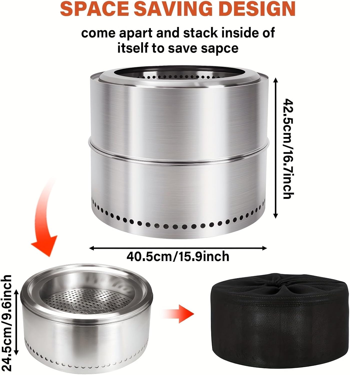 HGD 16 inch Smokeless Firepit, Stainless Steel Fire Pits, Smokeless Fire Pit for Outside with Carry Bag for Camping Backyard Patio Garden Picnic-VerdiqueGarden