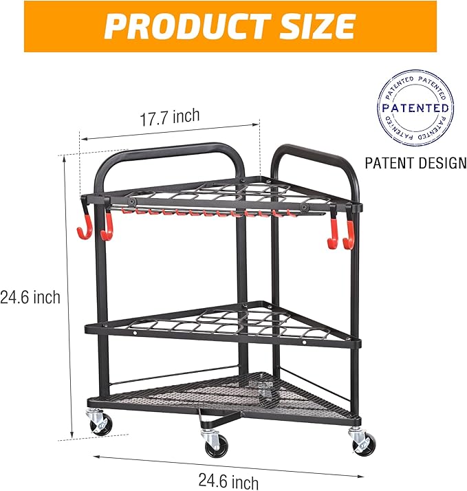 PLKOW Garden Tool Organizer with Wheels and Storage Hooks, Rolling Corner Tool Storage Rack for Garden, Shed, Garage, Powder Coated Steel, Black-VerdiqueGarden