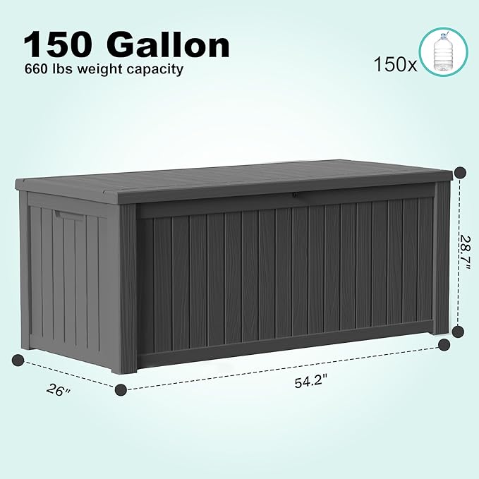 150Gal Outdoor Deck Box Waterproof, Lager Patio Storage Box Indoor and Outdoor Use, Lockable Resin Storage Bin for Patio Furniture Cushions Garden Tools, Package Delivery,UV Resistant-Black-VerdiqueGarden