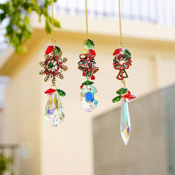3 Pack Crystal Christmas Ornaments, Glass Rainbow Rhinestones Sun Catcher Prisms with Christmas Wreath Snowflake Bells,Suncatcher Hanging Crystal Pendants for Window Christmas Home Decor-VerdiqueGarden