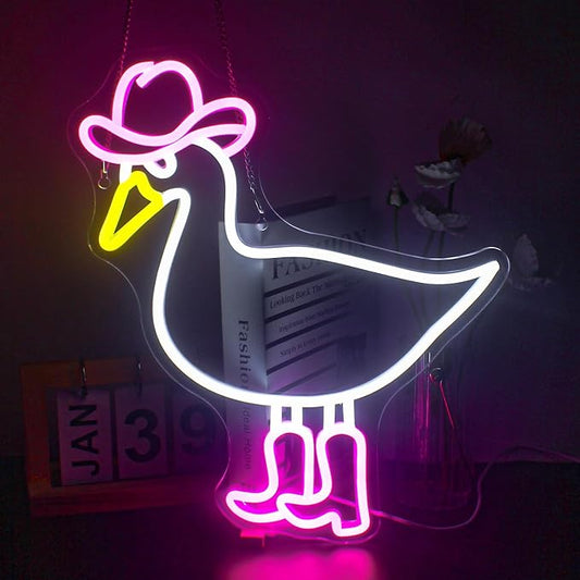 Cowboy Duck Neon Sign,Duck Neon Signs Cowgirl Boots Neon Signs for Wall Decor, USB Connectivity Pink LED Signs for Bedroom Living Room Kids Room Home Bar Birthday Party-VerdiqueGarden