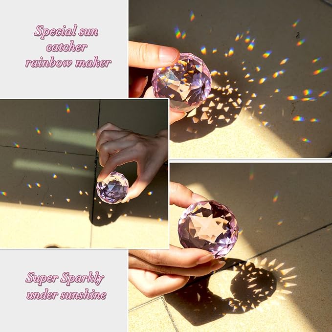 FONMY Gazing Ball Spiral Tail -Decorative Wind Spinner Sun Catcher Rainbow Maker 11 inch Tail and 2 inch Pink Crystal Orb. Indoor Outdoor Garden Decoration -13 inch Height-VerdiqueGarden