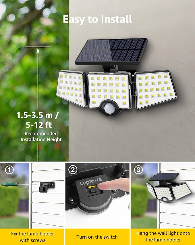 LE Solar Lights for Outside, Solar Lights Outdoor with Motion Sensor, WL4000 High Brightness, 3 Adjustable Heads 270° Wide Lighting Angle, IP65 Waterproof, Wireless Wall Lamp for Yard Garage-VerdiqueGarden