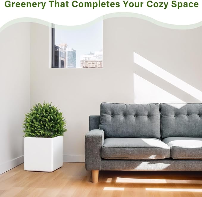 24" Artificial Cedar Topiary Ball Bushes, Set of 2 UV Resistant Fake Trees Outdoor Shrubs with Ground Spike, Weatherproof Faux Plants for Planter, Front Porch, Garden, Yard, Patio Decor-VerdiqueGarden