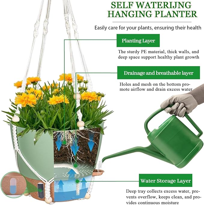10 Inch Hanging Planters for Indoor Plants, 2 Pack Self Watering Hanging Baskets Flower Pots with Drainage Hole, Visual Reservoir & 2 Kinds of Plant Hanger for Outdoor Garden Home Decor-VerdiqueGarden