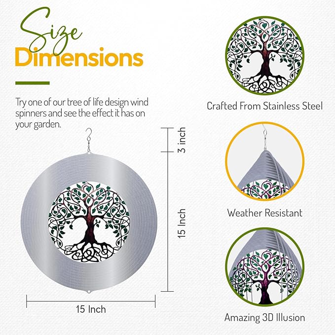 Tree of Life Wind Spinners for Yard and Garden, Metal Ornaments for Garden Décor, Outdoor Wind Spinner, Tree of Life Gifts, Outdoor Garden Decoration, 15 inch Tree of Life Wall Décor by ISEO-VerdiqueGarden