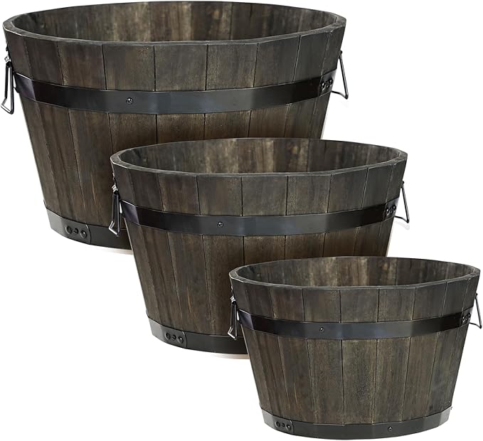 IDZO Set of 3 Wooden Flower Planters for Outdoor Plants, Acacia Wood Barrel Planters, Ergonomic Handles, Drainage Holes, Various Sizes, Black-VerdiqueGarden