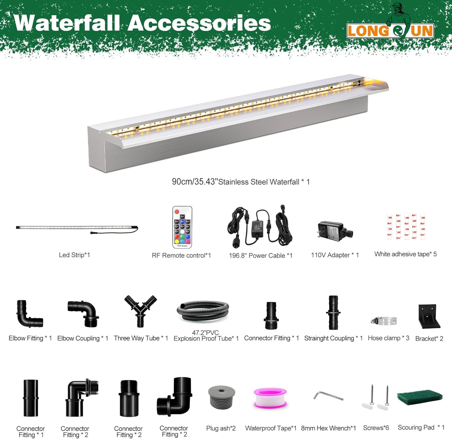 LONGRUN Waterfall Pool Fountain, Updated 5.9'' Wider Open Lip Stainless Steel Waterfall Spillway, Decorative Water Feature for Swimming Pools, Koi Ponds, Spa & Garden - 35.4''-VerdiqueGarden