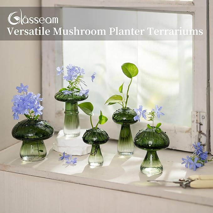 Glasseam Mushroom Plant Propagation Stations: Green Glass Terrarium Jar Set of 5 Cute Planters for Indoor Plants Mini Propagate Station Unique Christmas Birthday Gifts for Women Home Office Decor-VerdiqueGarden
