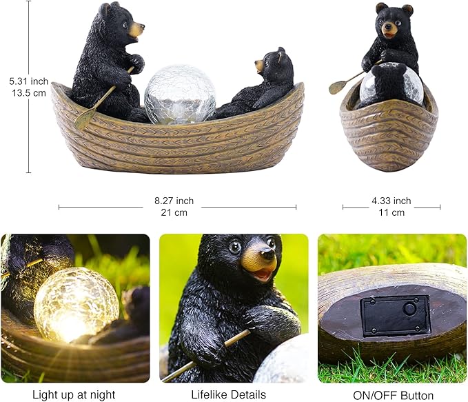 Goodeco Solar Bears Boating Statue - Waterproof Outdoor Bear Decor with Solar Gazing Ball Lights - Great Gift for Bear Lovers and Garden Enthusiasts - Ideal Gifts for Mom & Birthdays-VerdiqueGarden