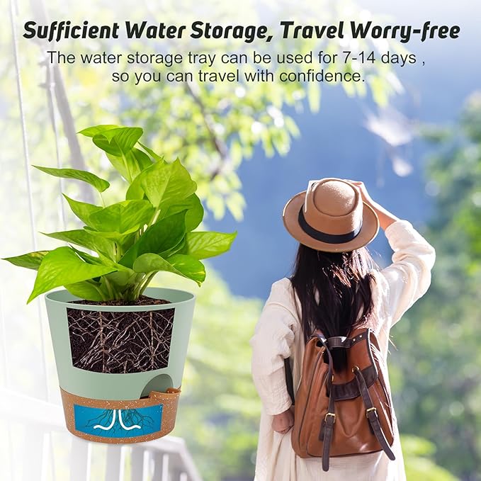 10-Inch Plant Pots, Self-Watering Planters with Drainage Holes & Saucers for Indoor and Outdoor Plants (2-Pack, Green)-VerdiqueGarden