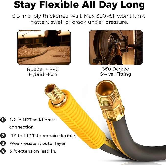 Double Arm Air Hose Reel 50 ft Retractable, 1/2 in Hybrid Hose Heavy Duty Steel Professional Air Compressor Hose Reel with 5 ft Lead in Max 300PSI Auto Rewind Quick Coupler Swivel Fitting-VerdiqueGarden