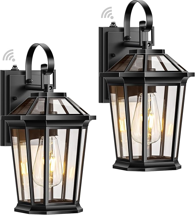 VIANIS Dusk to Dawn Outdoor Wall Lighting, Exterior Light Fixture Wall Mount for House Front Porch Light, Black Anti-Rust Aluminium Modern Outside Coach Lantern with Tempered Glass Shade for Garage-VerdiqueGarden