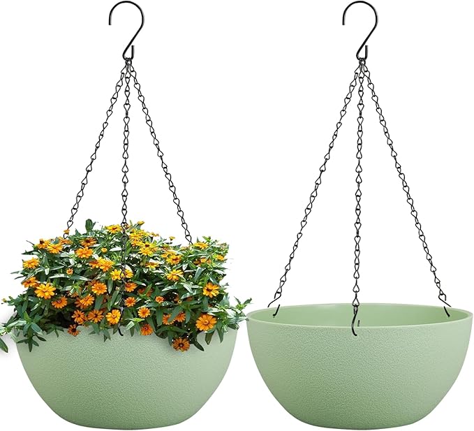 10 inch Hanging Planters for Outdoor Indoor Plants with Drainage Holes and Chain, 2 Pack Round Hanging Flower Pots for Garden Home Porch Decor,Green-VerdiqueGarden