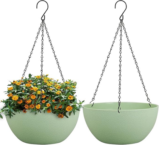 10 inch Hanging Planters for Outdoor Indoor Plants with Drainage Holes and Chain, 2 Pack Round Hanging Flower Pots for Garden Home Porch Decor,Green-VerdiqueGarden