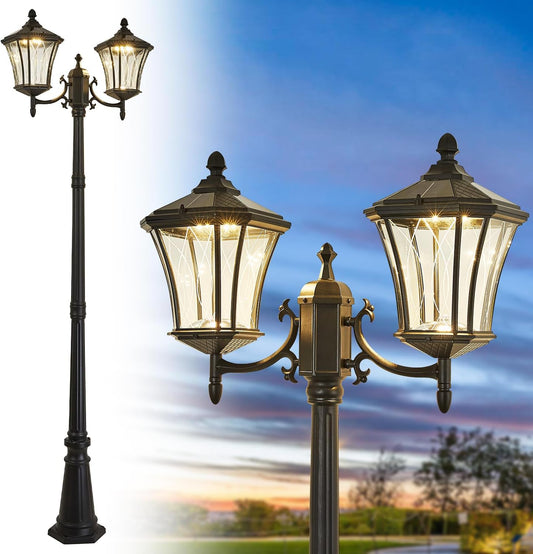 Outdoor Solar Lamp Post Lights with Dusk to Dawn Sensor, Waterproof 2-Head Large Lantern Street Lights, Modern Solar Column Pole Light Fixtures for Outside, Garden, Driveway, Backyard, Black-VerdiqueGarden