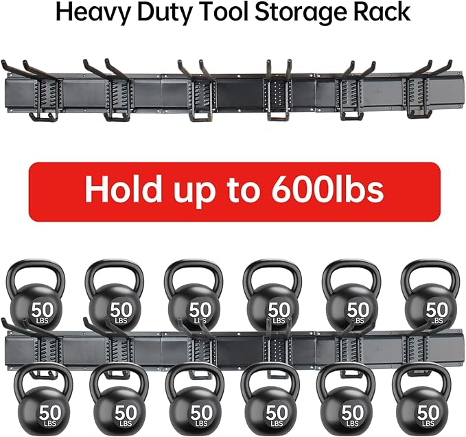 Garage Storage Rack Hooks, 48 Inch Heavy Duty Wall Mount Garage Organization with 3 Rails and 6 Adjustable Double Wall Hooks,Hanging Shelves for Garden Tool/Broom/Mop(Black)-VerdiqueGarden