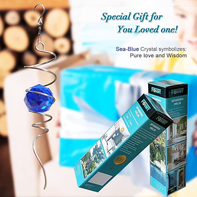 FONMY Gazing Ball Spiral Tail -Decorative Wind Spinner Sun Catcher Rainbow Maker 11 inch Tail and 2 inch Dark Blue Crystal Orb. Indoor Outdoor Garden Decoration -13 inch Height-VerdiqueGarden