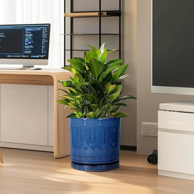 12 Inch Pot for Plants - Ceramic Planter for Indoor Plants Large Plant Pot with Drainage Holes and Saucer Outdoor Flower Pot Decorative Round Planter for Porch Office Decor Blue-VerdiqueGarden