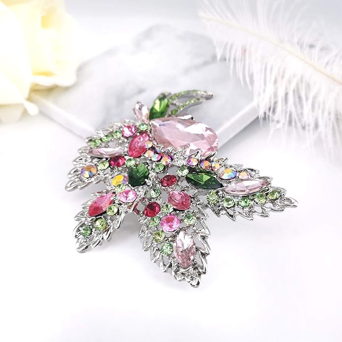 YOQUCOL Big Large Brooch Pin Austrian Crystal Leaf Shape Bouquet Rhinestone Scarf Decoration Wreath Cloth Brooches Pins For Women Girls