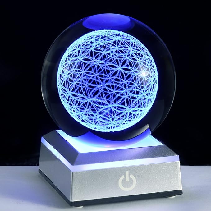 Qianwei Flower of Life Crystal Sphere with Led Colorful Lighting Touch Base, Sacred Geometry Crystal Ball Starlight Magic, Feng Shui Decor Laser Engraved Seek of Flower Inside A Sphere-VerdiqueGarden