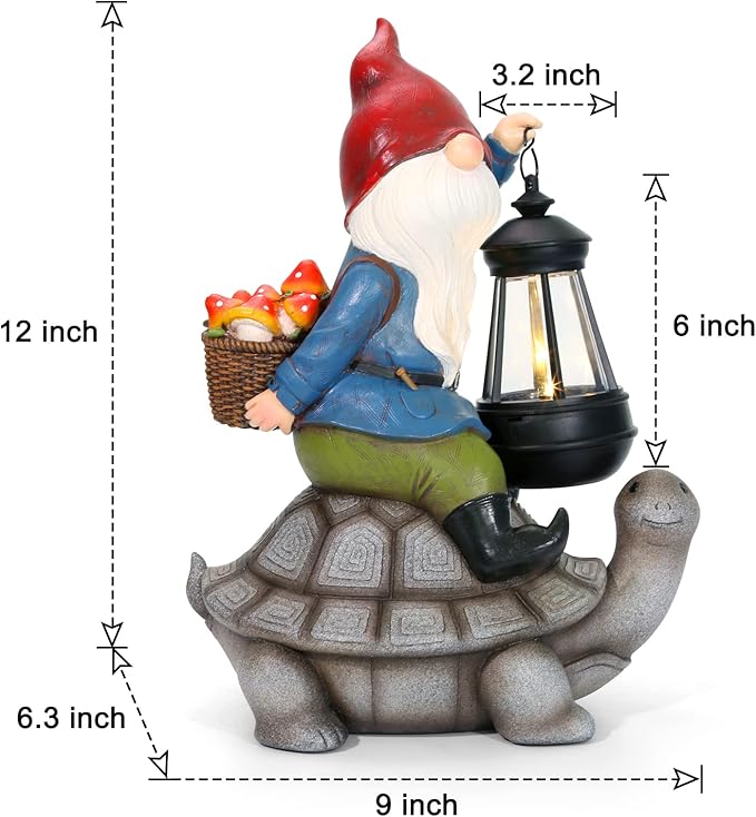 Gnome and Turtle Garden Decor, Large Outdoor Garden Sculptures & Statues, Outside Patio Yard Lawn Decorations, Housewarming for Women, Mom, Grandma with Solar Lantern-VerdiqueGarden