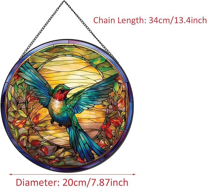 Hummingbirds Pattern Stained Glass Suncatchers for Windows,Hanging Stained Glass Suncatcher,20cm/7.87inch Hand-Painted Sun Catcher Garden Hangings Painted Glass Panel Decor Themed Gift-VerdiqueGarden