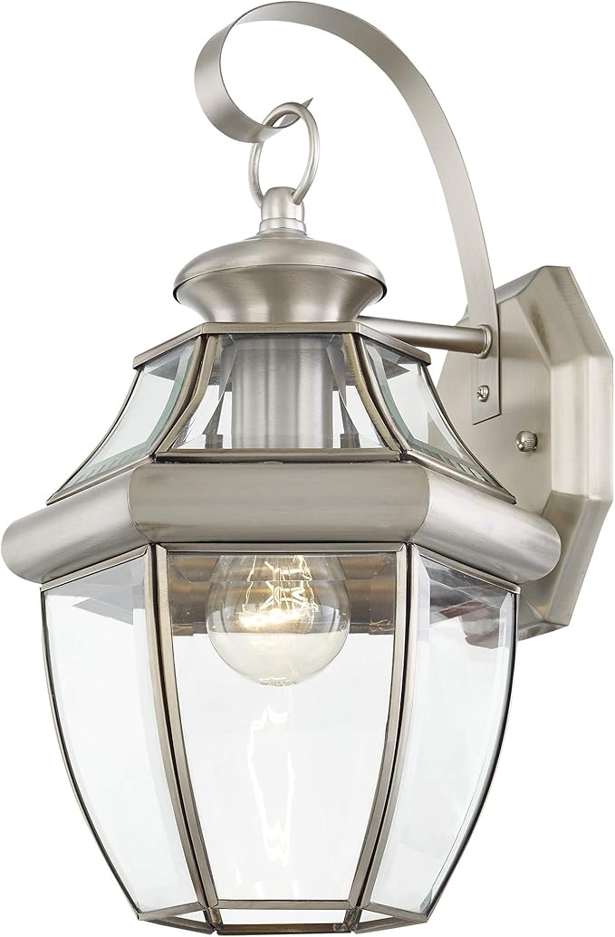 Livex Lighting 2151-91 Monterey 1 Light Outdoor Brushed Nickel Finish Solid Brass Wall Lantern with Clear Beveled Glass 13" x 8.5" x 8.25"-VerdiqueGarden