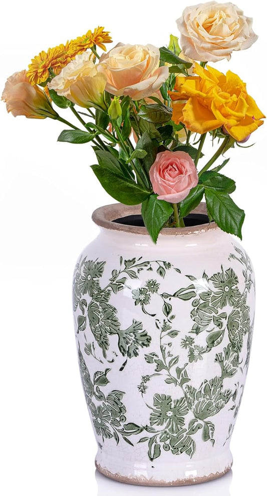 Vintage Vase for Flowers,Green Chinoiserie Ceramic Vase,Rustic Farmhouse Cracked Vases,for Flower Arrangement,Living Room, Office, Shelf, Fireplace Tables,Centerpieces,Chinoiserie Pottery Decor(B)-VerdiqueGarden