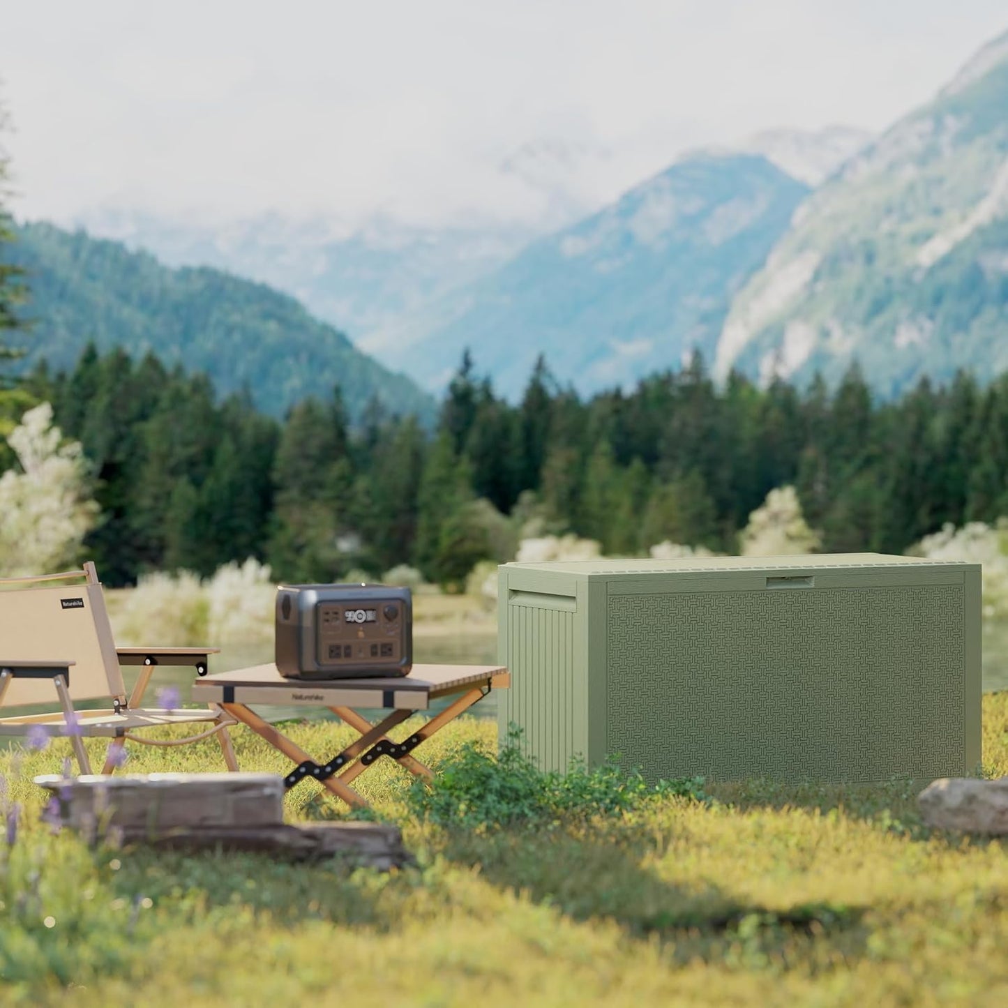 90 Gallon Outdoor Storage Box, Lockable Outside Storage Box Waterproof, Patio Cushions Deck Storage Boxes, Rattan Plastic Garden Hose Containers Resin Pool Storage Bins with lids, Sage Green-VerdiqueGarden