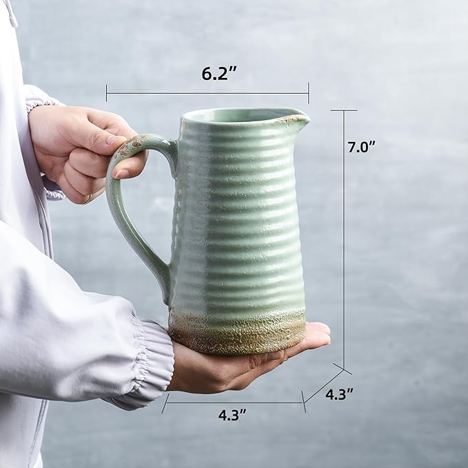 Quoowiit Ceramic Rustic Vase with Handle, Green Distressed Decorative Farmhouse Pitcher Vase for Home Decor Living Room Bedroom Kitchen Office Shelf Decor Centerpiece Table Decoration-VerdiqueGarden