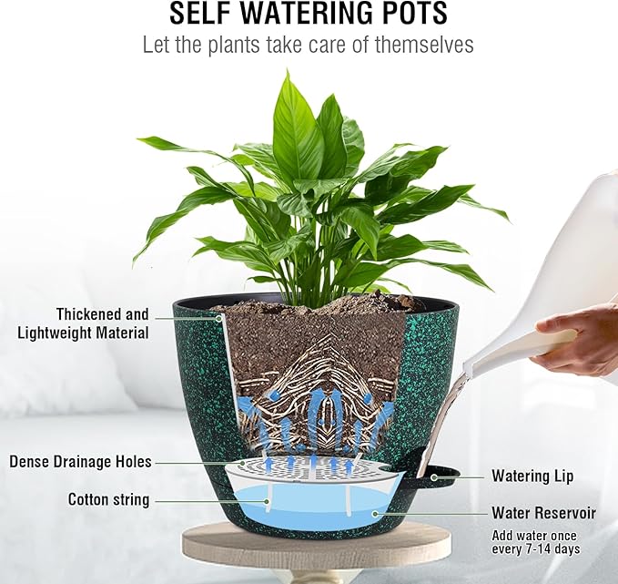 10 inch Self Watering Hanging Planters, 2 Pack Hanging Flower Pots for Indoor Outdoor Plants, Hanging Baskets with Drainage Holes & 2 Kinds of Plant Hangers for Home Decor, Speckled Black-VerdiqueGarden