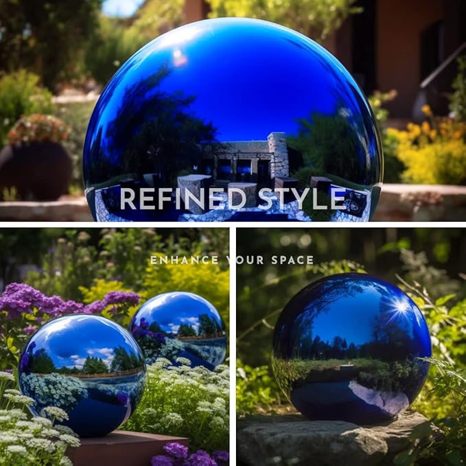 12 Inch Stainless Steel Gazing Globe,v2croft Hollow Ball Mirrored Surface Polished Shiny Sphere,Garden Stainless Steel Gazing Ball for Outdoor Lawn Pond Yard Ornament(Blue)-VerdiqueGarden