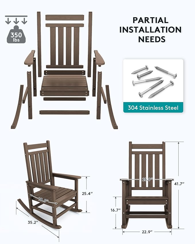 SERWALL Outdoor Rocking Chair Set of 2, HDPE Rocking Chairs for Adult, All Weather Porch Rockers for Lawn Garden, Coffee-VerdiqueGarden
