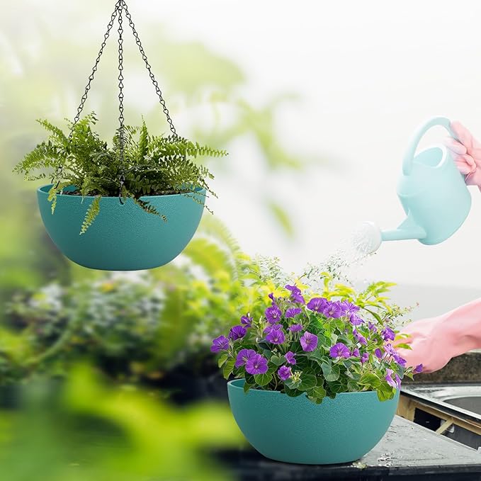 10 inch Hanging Planters for Outdoor Indoor Plants with Drainage Holes and Chain, 2 Pack Round Hanging Flower Pots for Garden Home Porch Decor, Blue Green-VerdiqueGarden