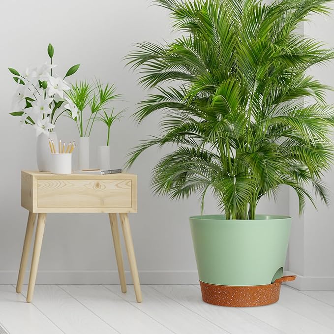 12 inch Large Self Watering Pots for Indoor Outdoor Plants, Flower Plant Pots with Drainage Holes for Garden House Plants, Plastic Planters with Reservoir for Home Plants, Green with Brown-VerdiqueGarden